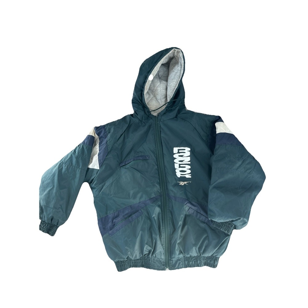 Rare VTG REEBOK Hooded Quilted Puffer Windbreaker Green Jacket 90s Retro Sz XL
